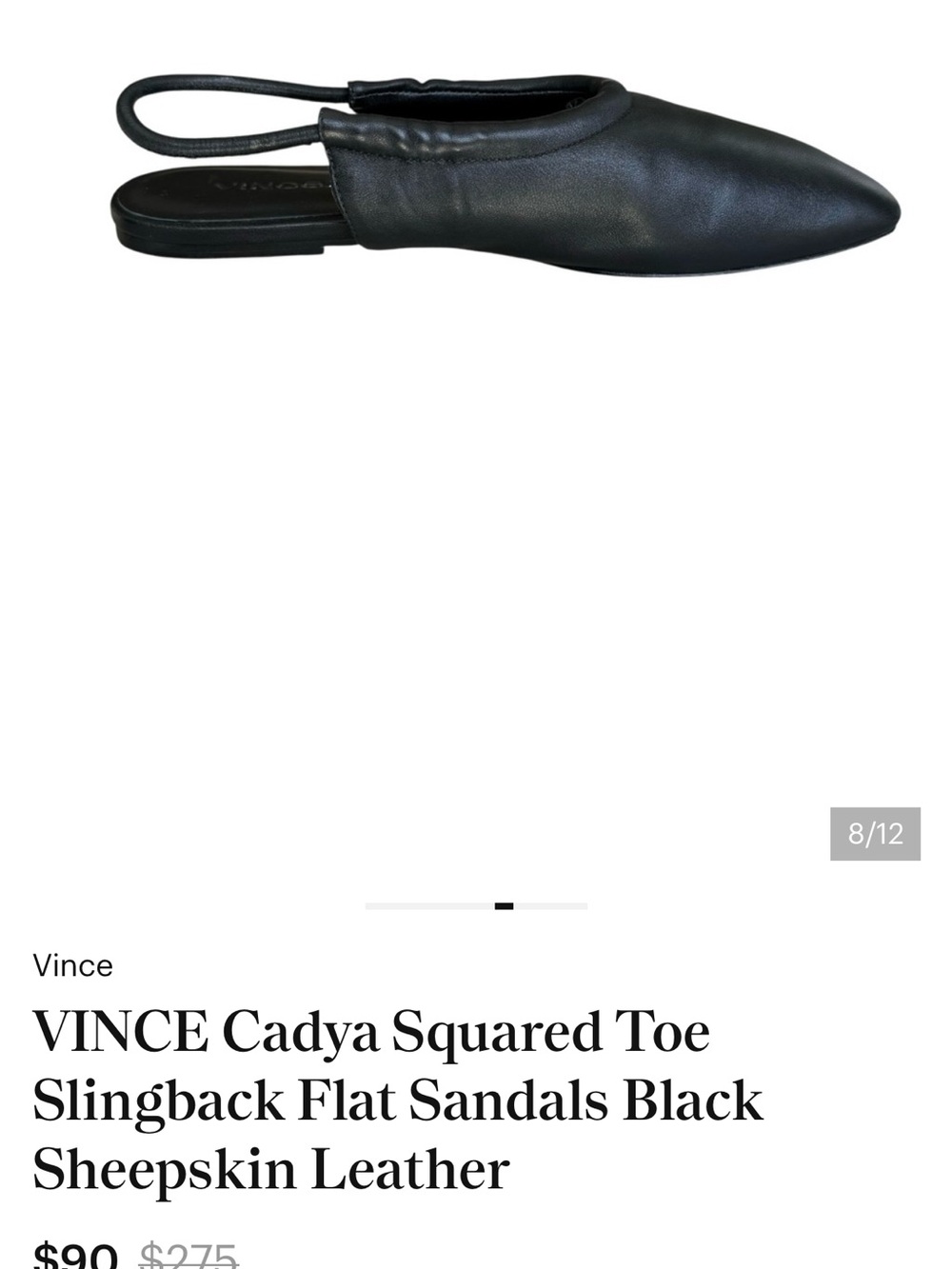 VINCE Cadya Squared Toe Slingback Flat Sandals Black Sheepskin Leather - Picture 4 of 7
